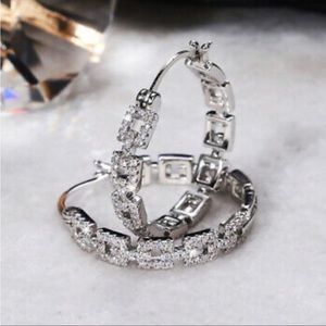 New 925 Silver Round Hoop Diamond Earrings